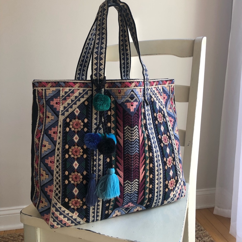 New: Johnny Was Embroidered Tote with Pom Tassels - Picture 8 of 14